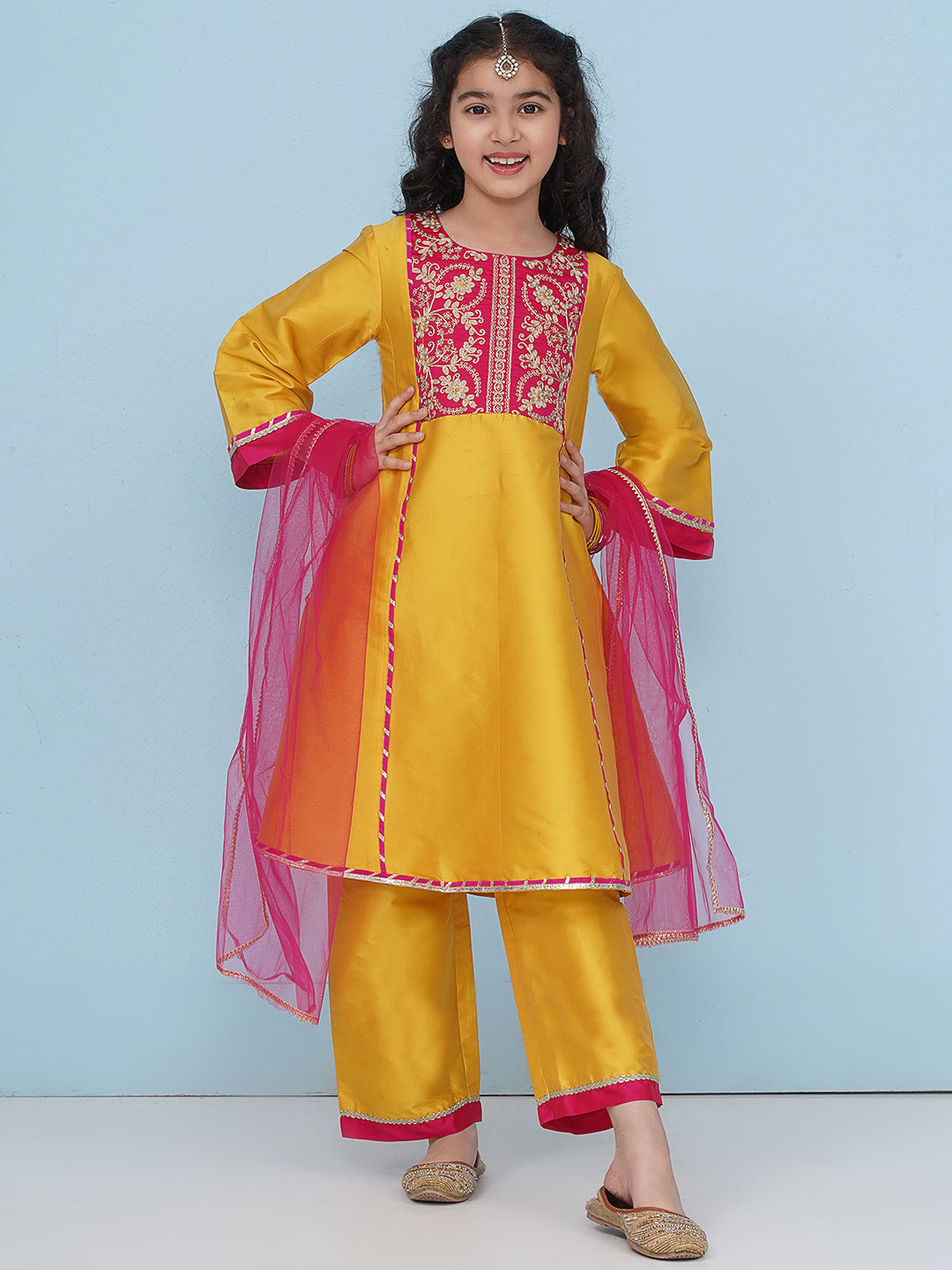 girls yellow a line kurta with trousers dupatta