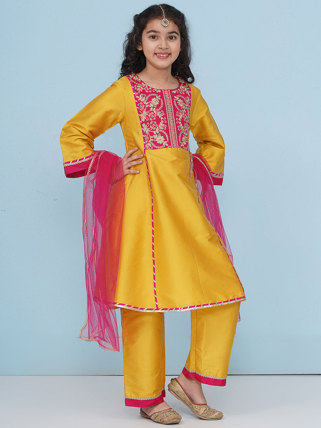 girls yellow a line kurta with trousers dupatta