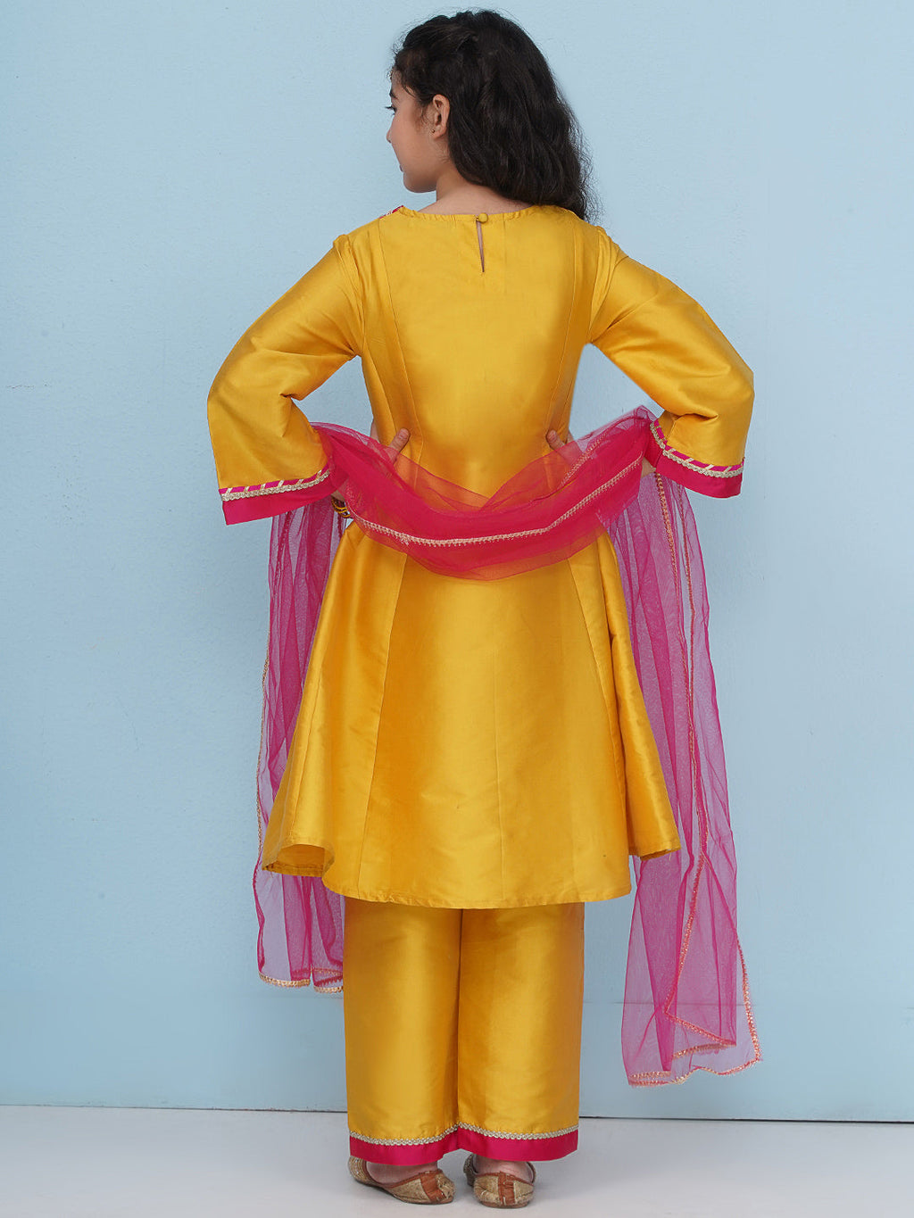 girls yellow a line kurta with trousers dupatta