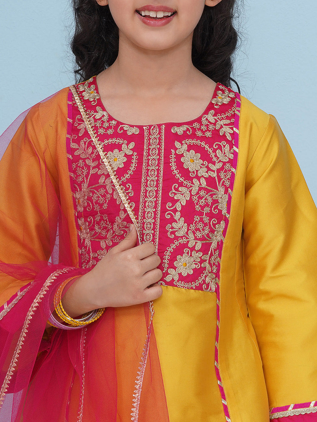girls yellow a line kurta with trousers dupatta
