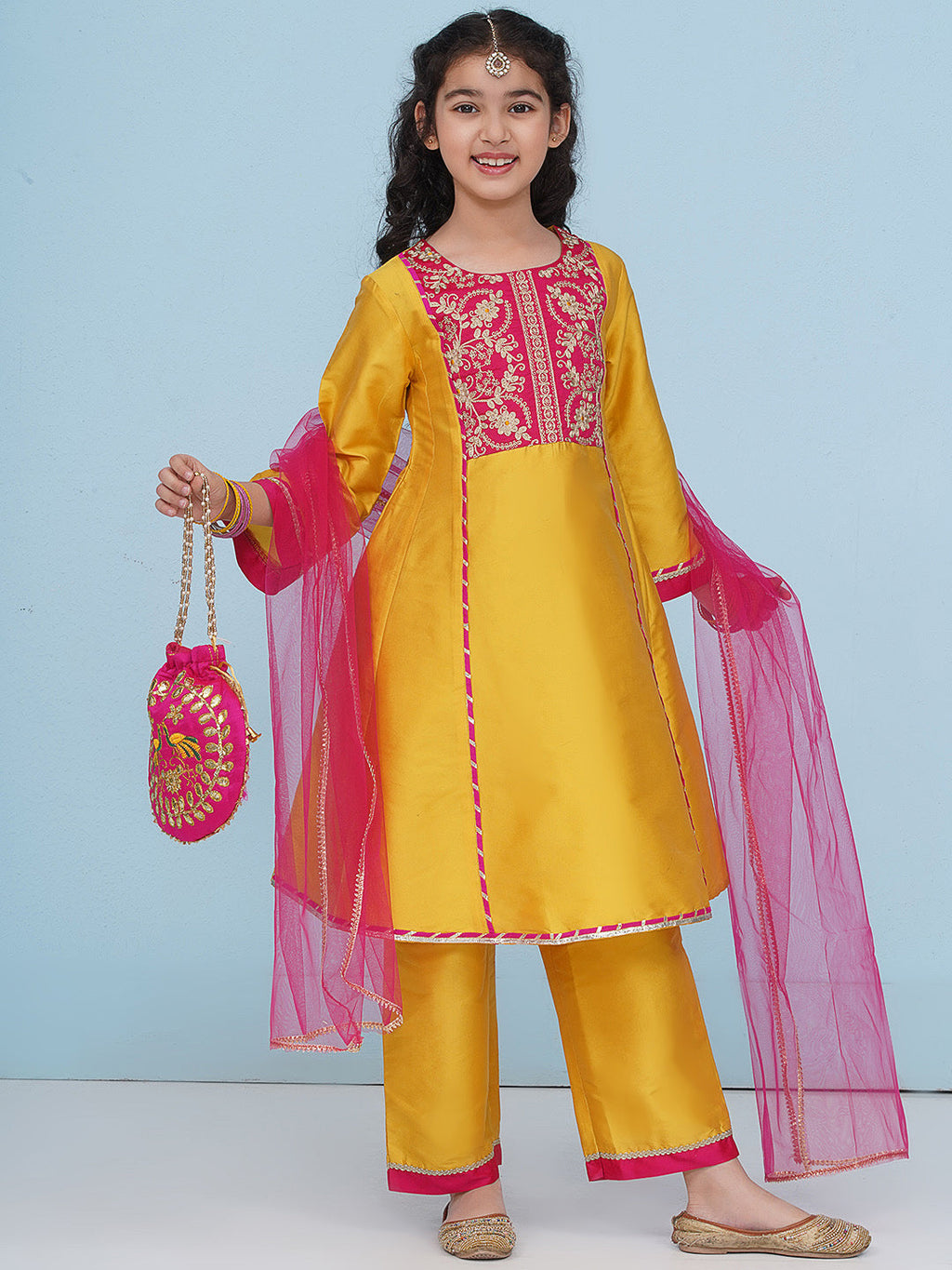 girls yellow a line kurta with trousers dupatta