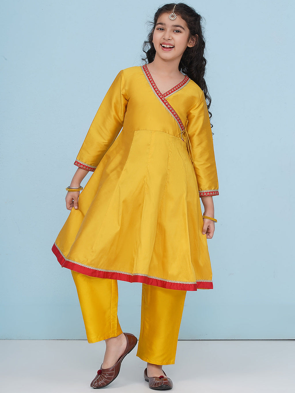 girls yellow angrakha kurta with trousers