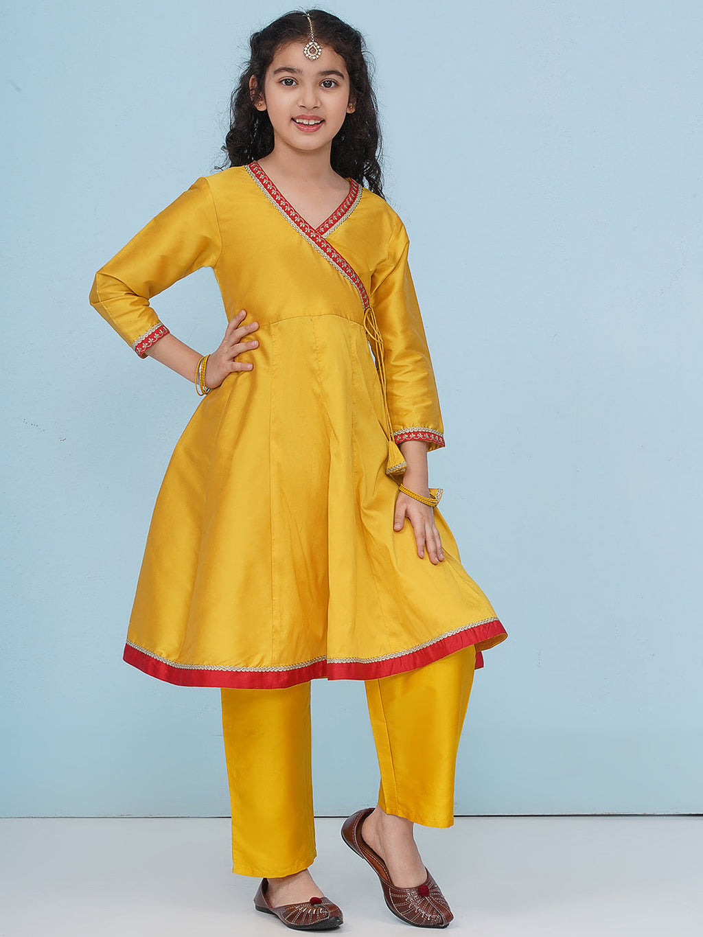 girls yellow angrakha kurta with trousers