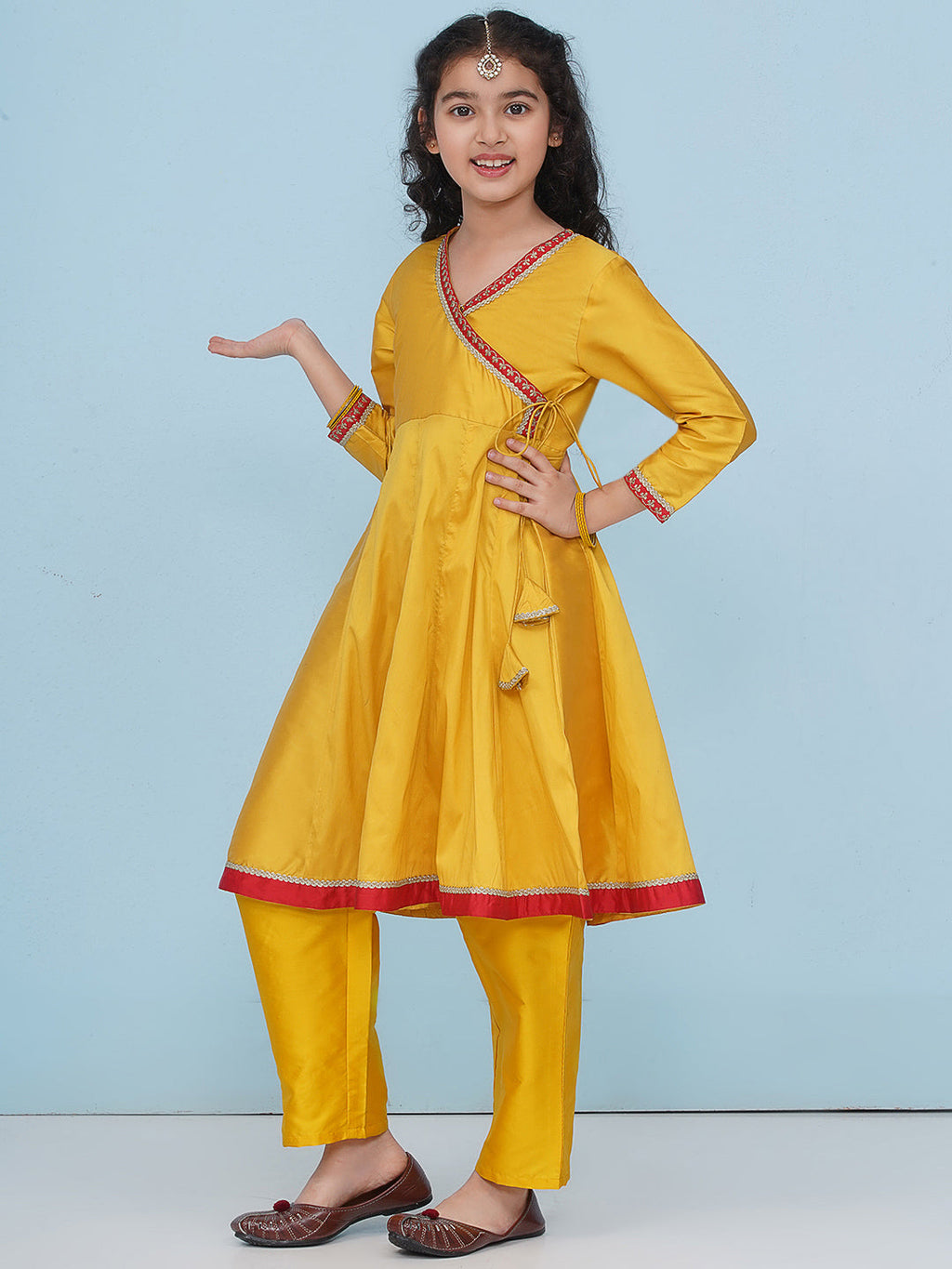 girls yellow angrakha kurta with trousers