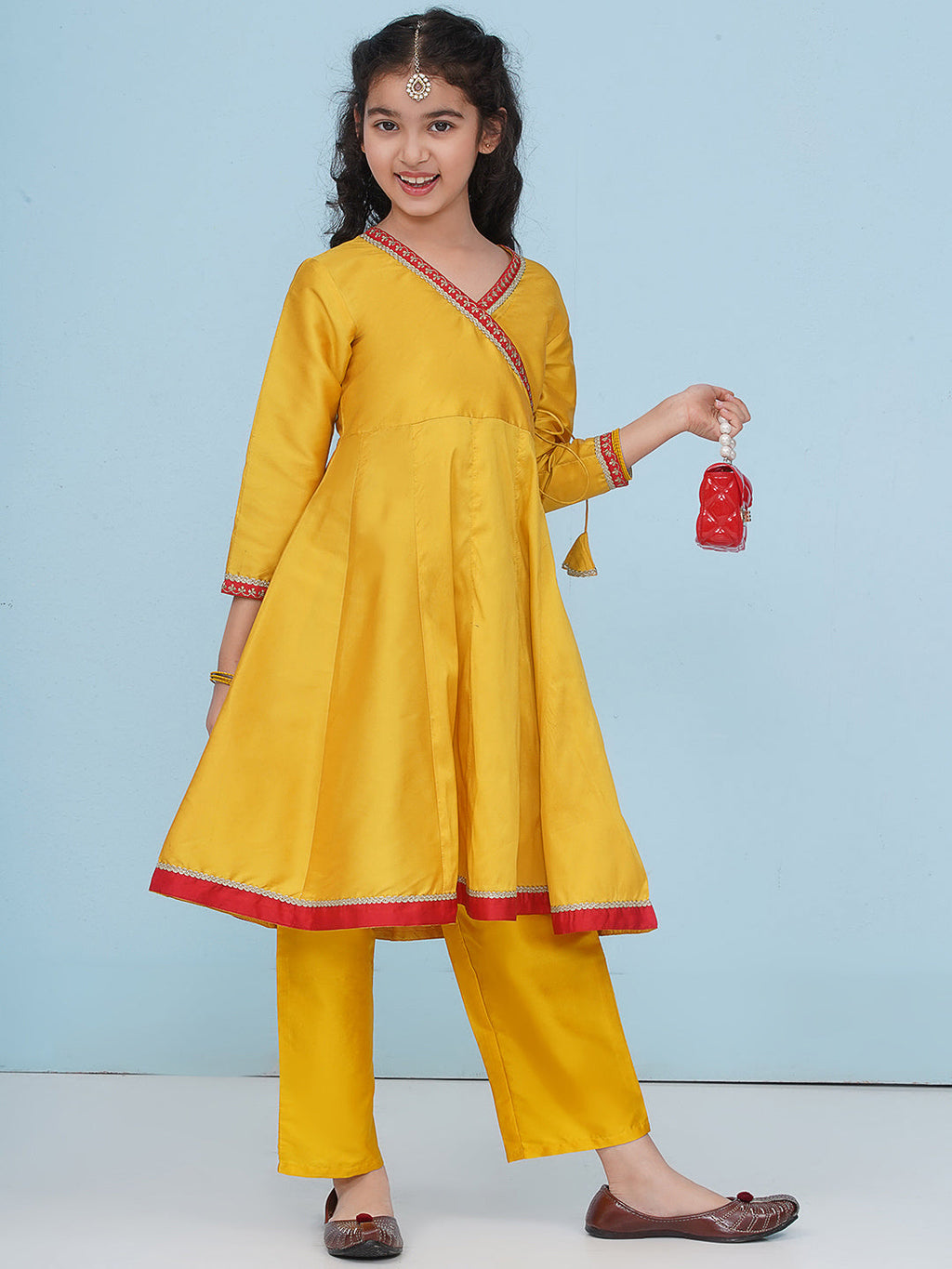 girls yellow angrakha kurta with trousers