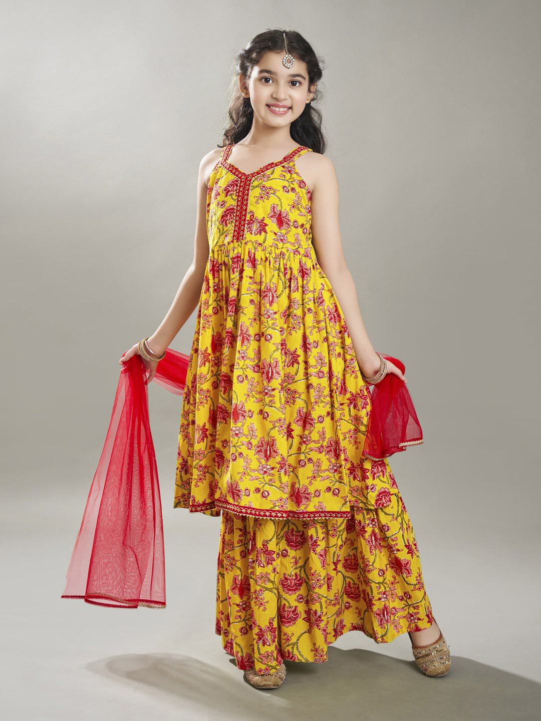girls yellow cotton kurta with sharara set with dupatta
