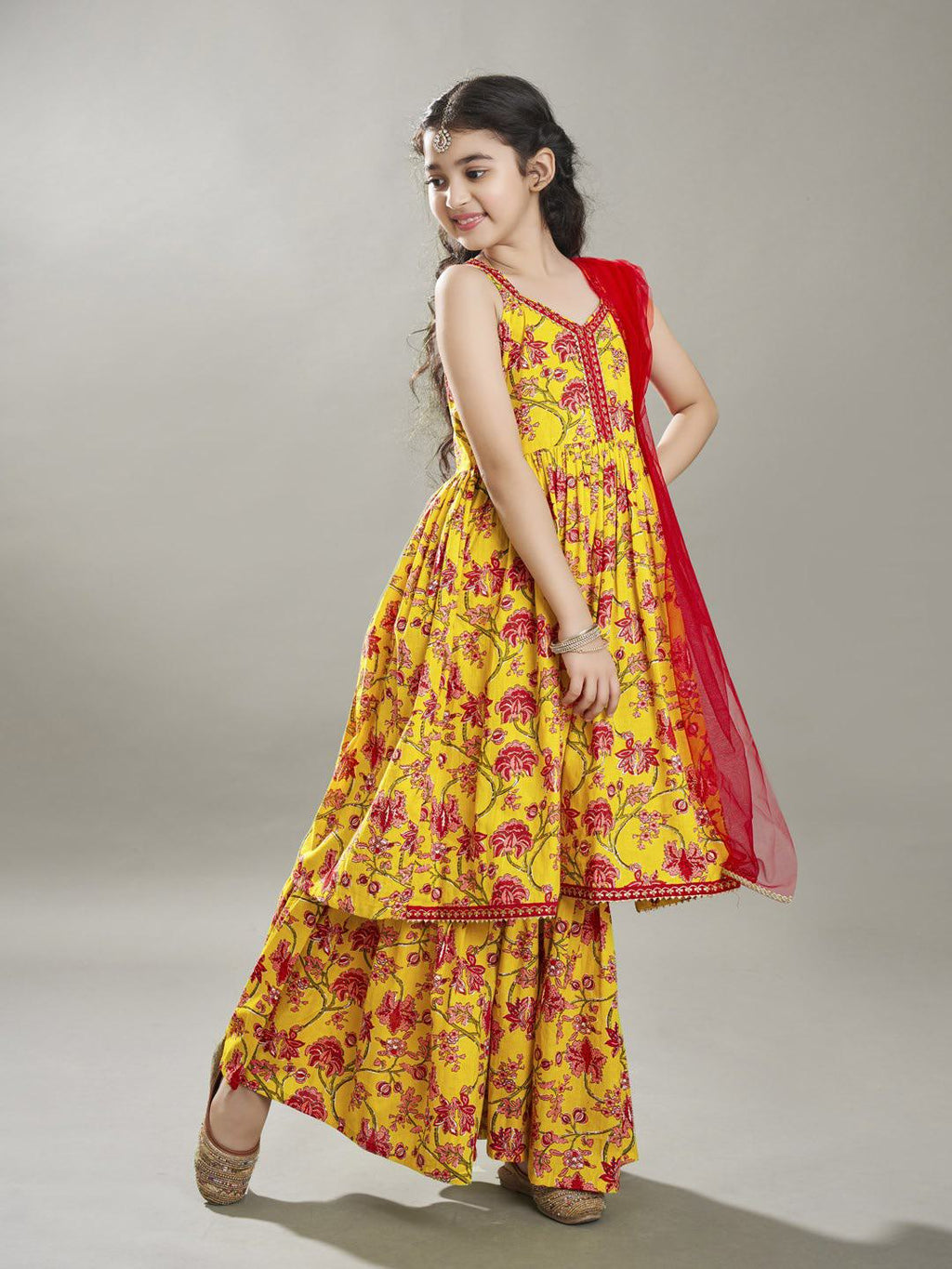 girls yellow cotton kurta with sharara set with dupatta
