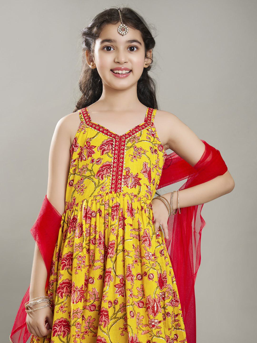girls yellow cotton kurta with sharara set with dupatta