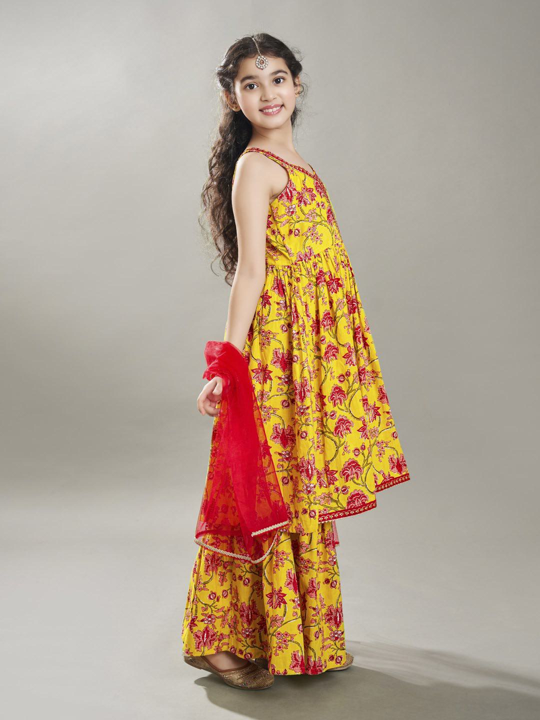 girls yellow cotton kurta with sharara set with dupatta
