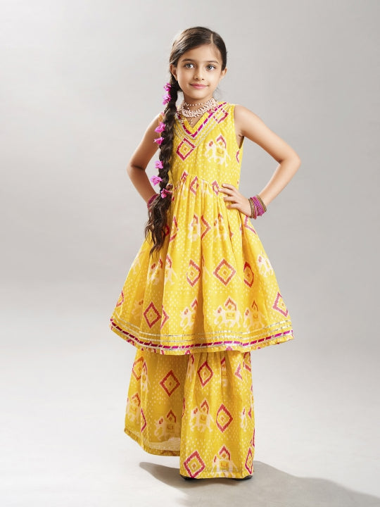 girls yellow ethnic motifs printed kurta with sharara
