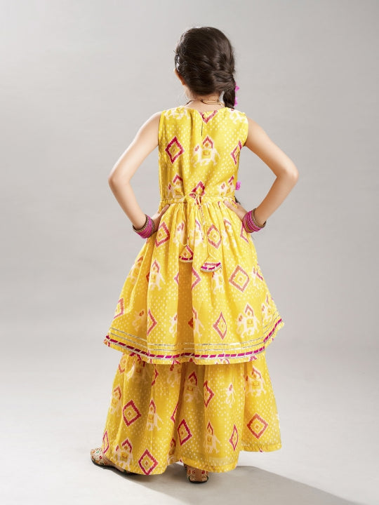 girls yellow ethnic motifs printed kurta with sharara