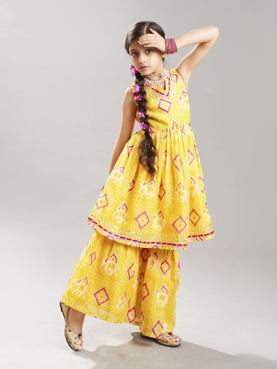 girls yellow ethnic motifs printed kurta with sharara