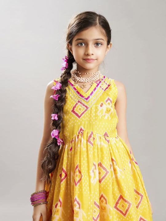 girls yellow ethnic motifs printed kurta with sharara