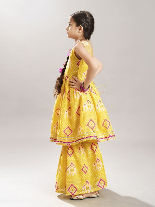 girls yellow ethnic motifs printed kurta with sharara