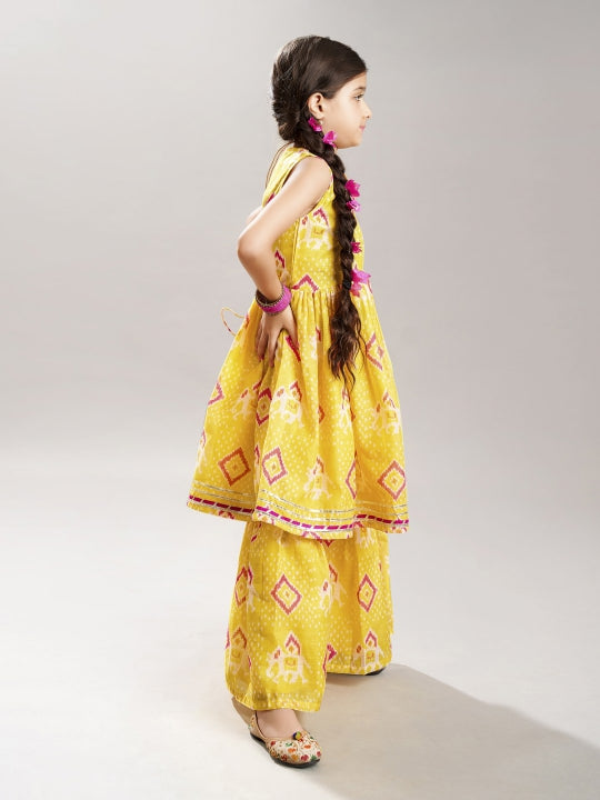 girls yellow ethnic motifs printed kurta with sharara