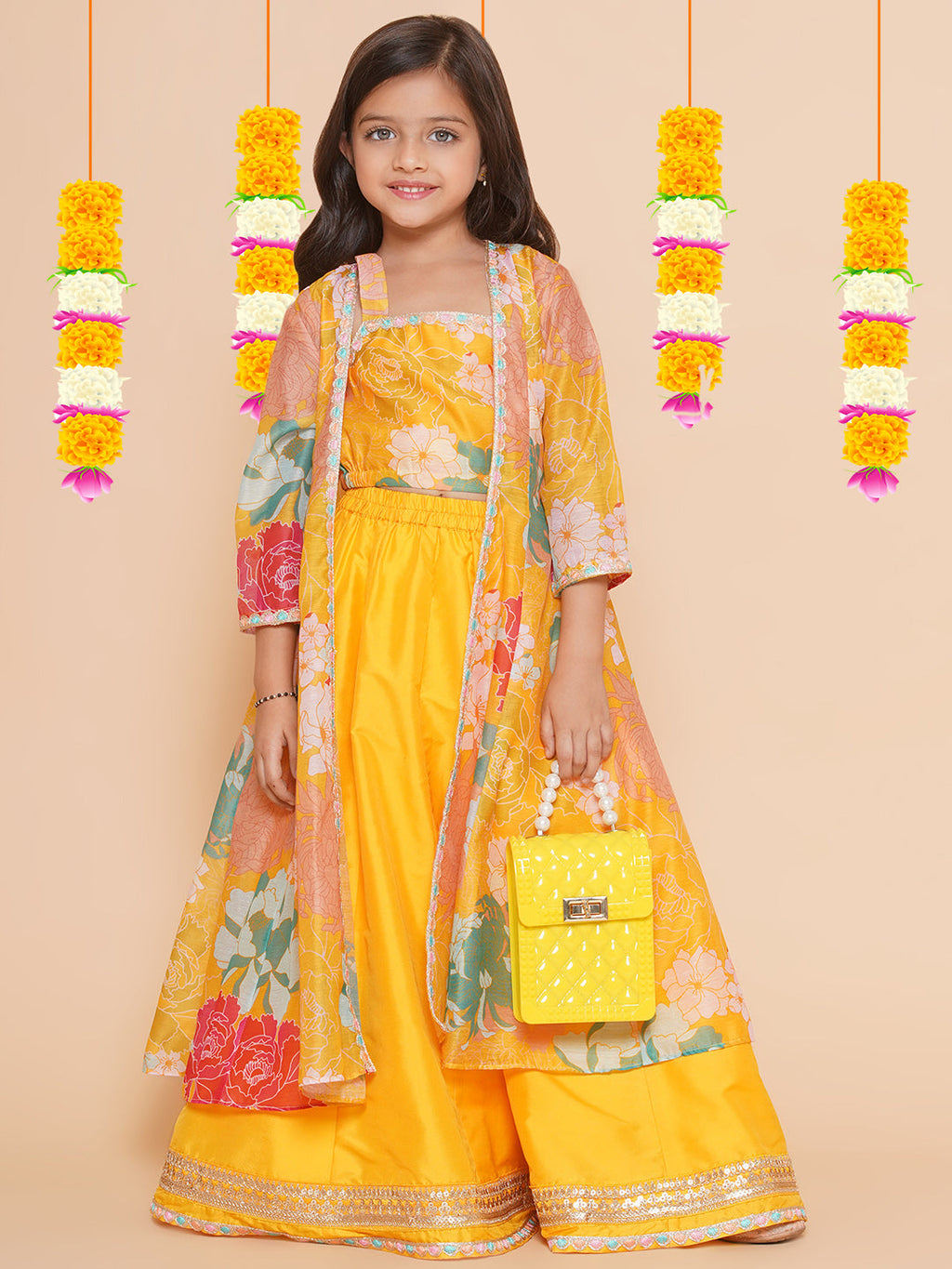 girls yellow floral print top shrug with ready to wear skirts