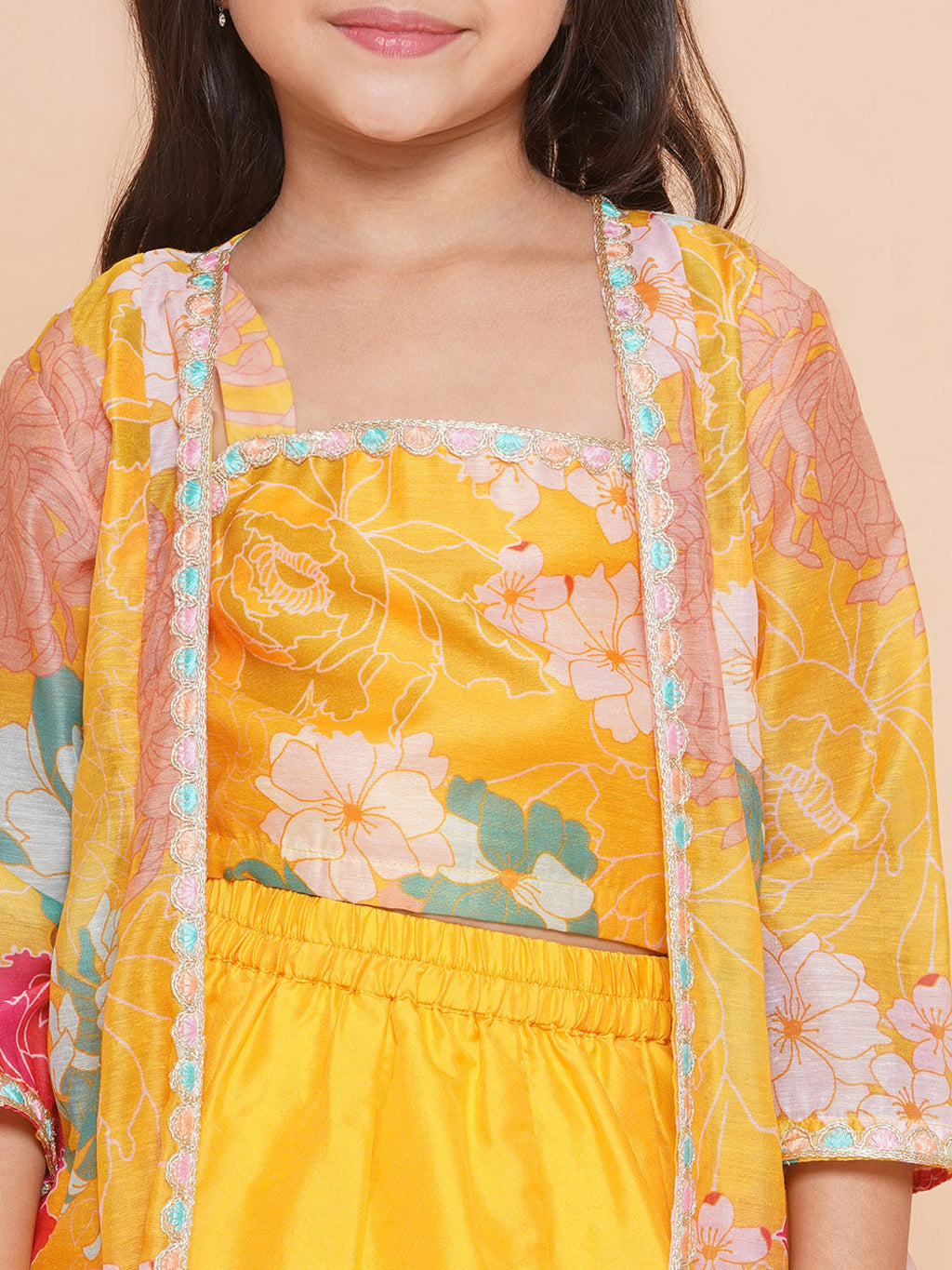 girls yellow floral print top shrug with ready to wear skirts