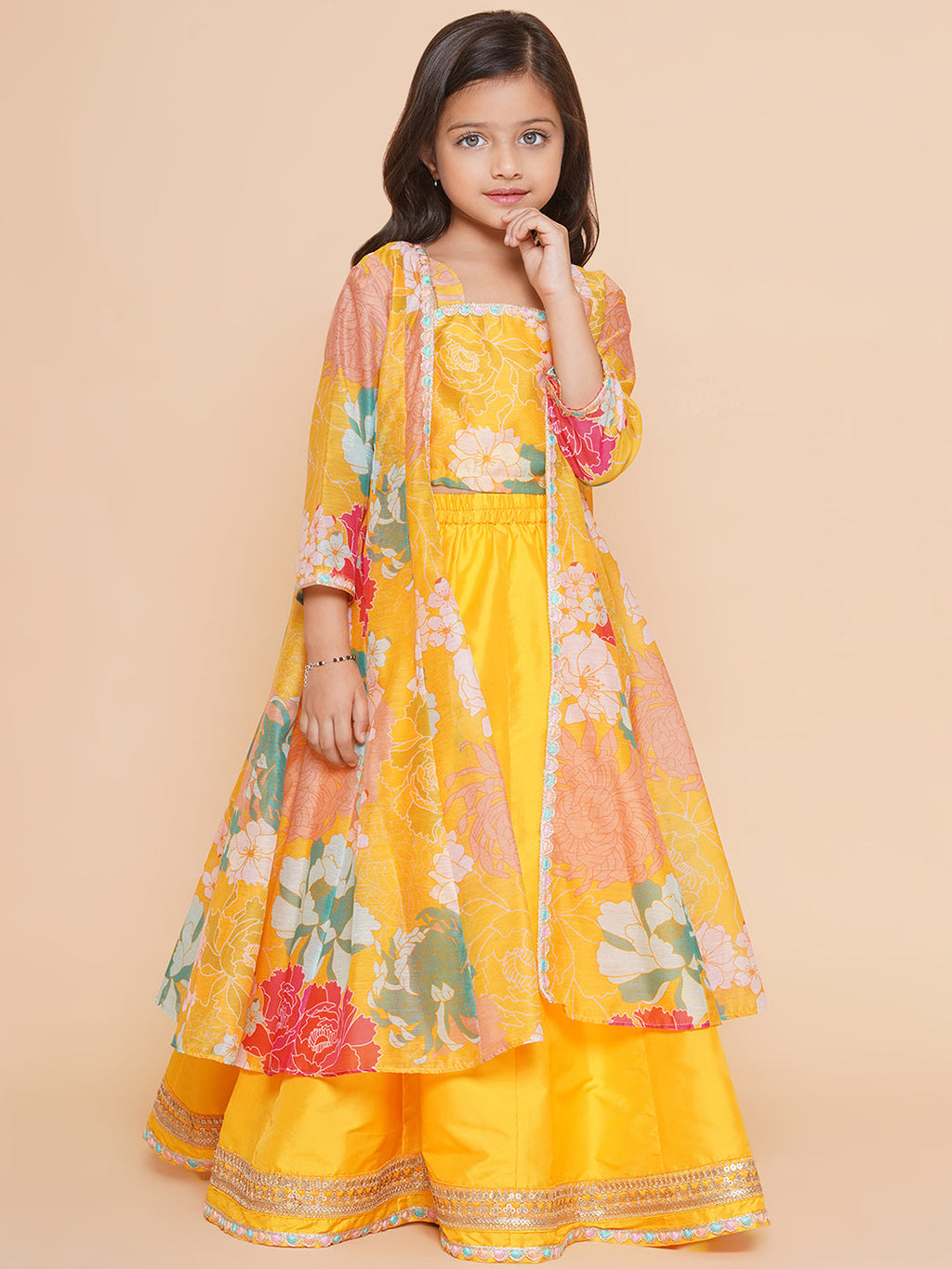 girls yellow floral print top shrug with ready to wear skirts