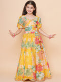 girls yellow flower digital print lace work choli with ready to wear lehenga