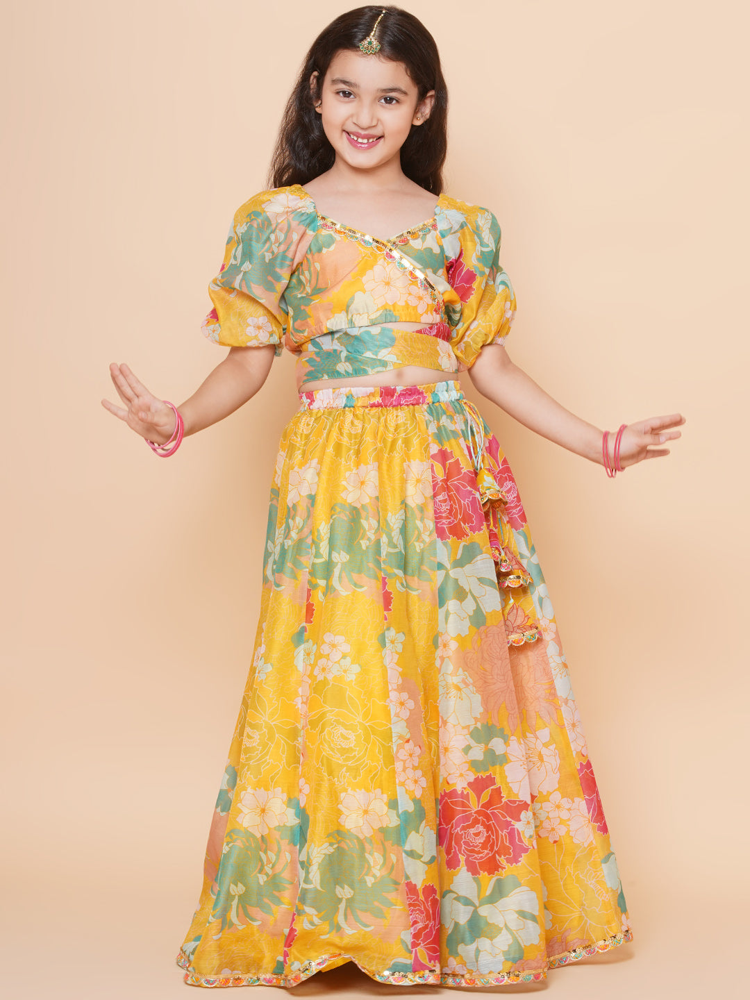 girls yellow flower digital print lace work choli with ready to wear lehenga