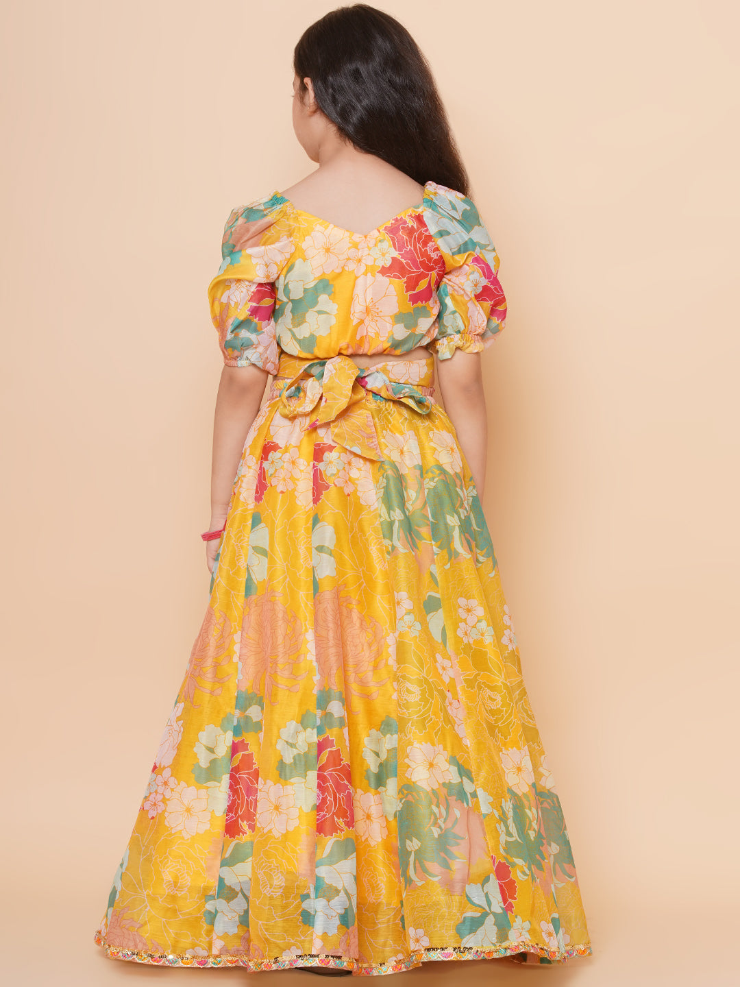 girls yellow flower digital print lace work choli with ready to wear lehenga