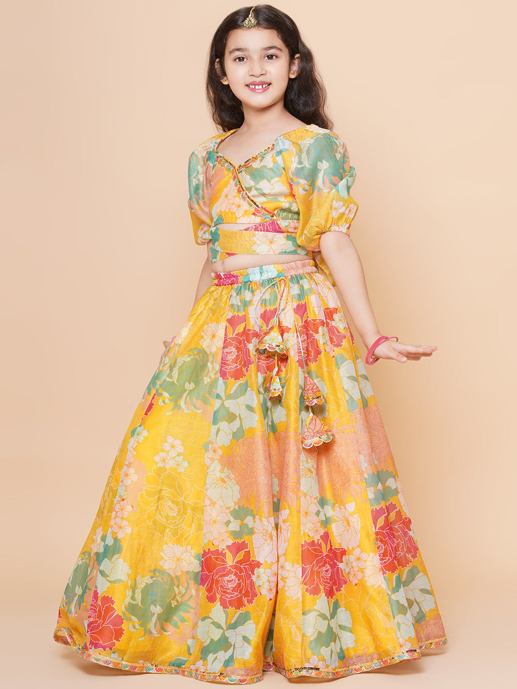 girls yellow flower digital print lace work choli with ready to wear lehenga