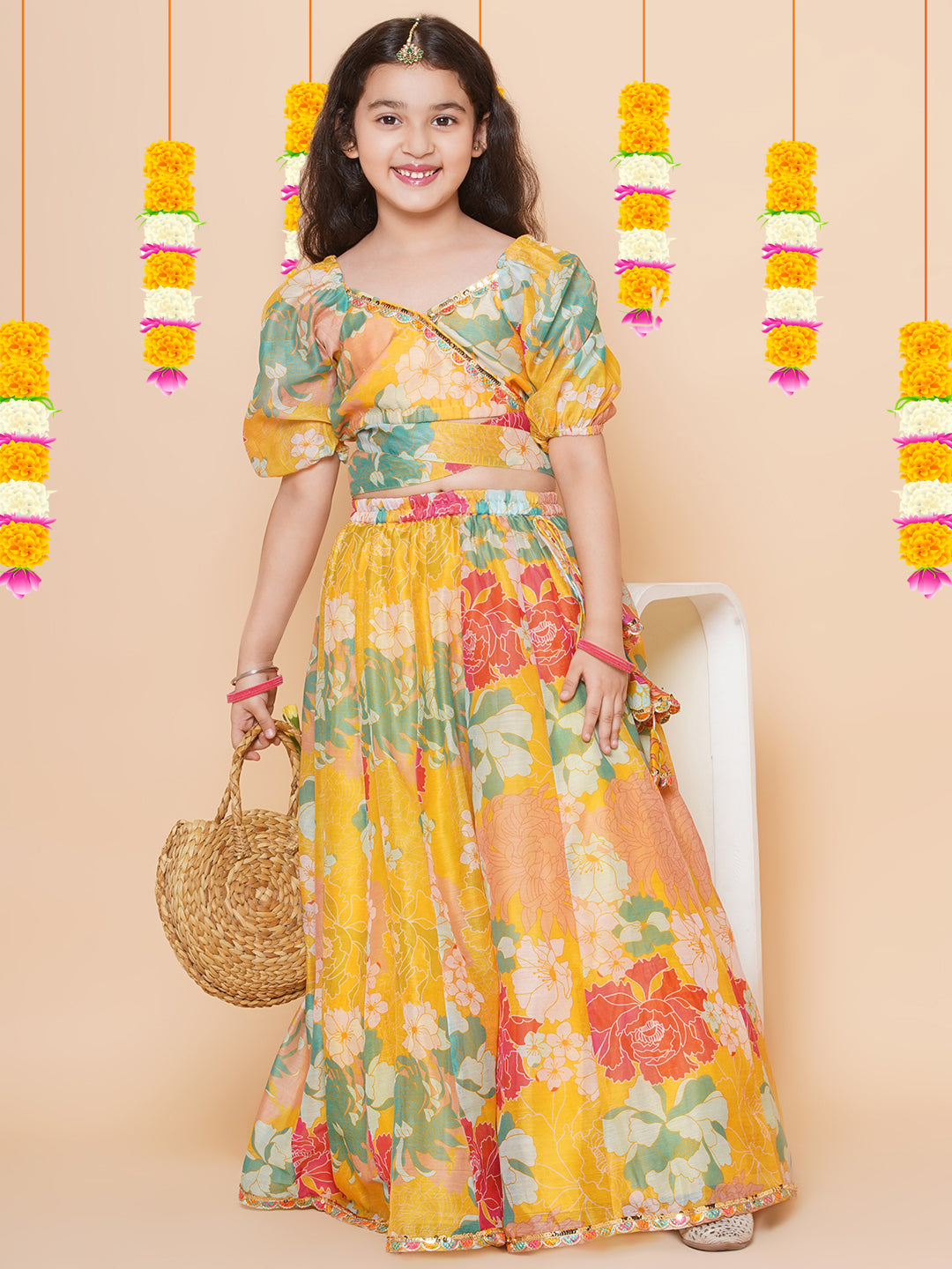 girls yellow flower digital print lace work choli with ready to wear lehenga