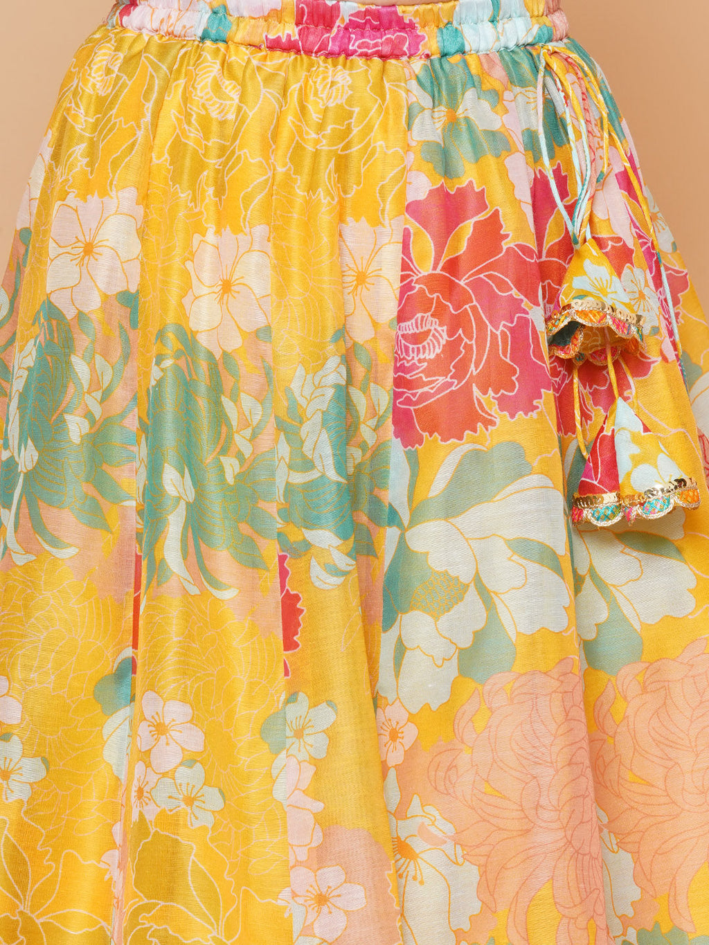 girls yellow flower digital print lace work choli with ready to wear lehenga