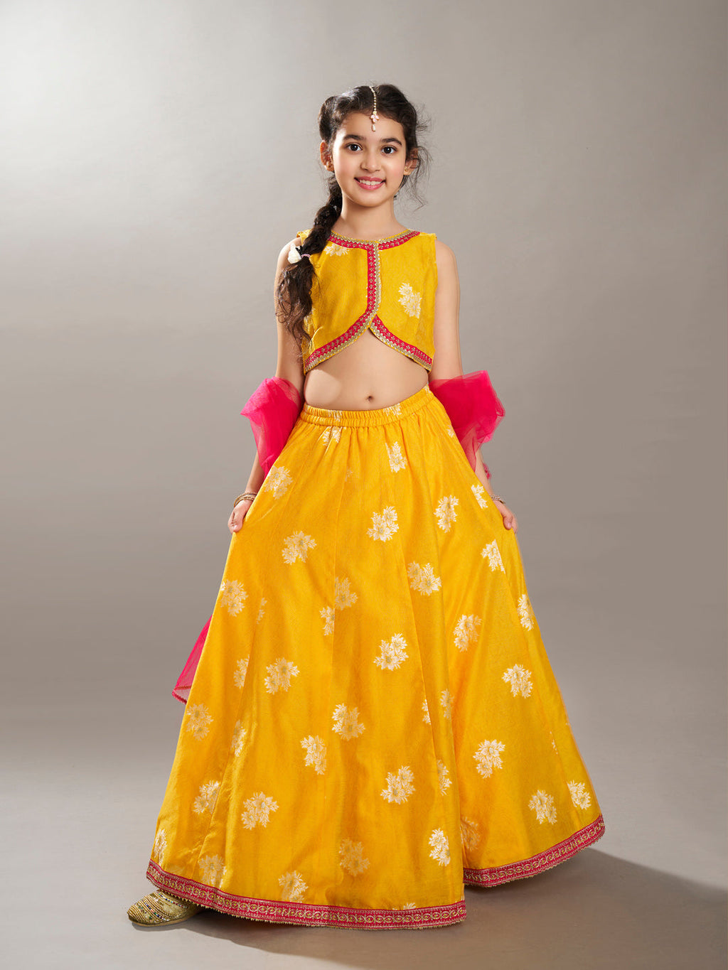 girls yellow jacquard booti ready to wear lehenga choli with dupatta