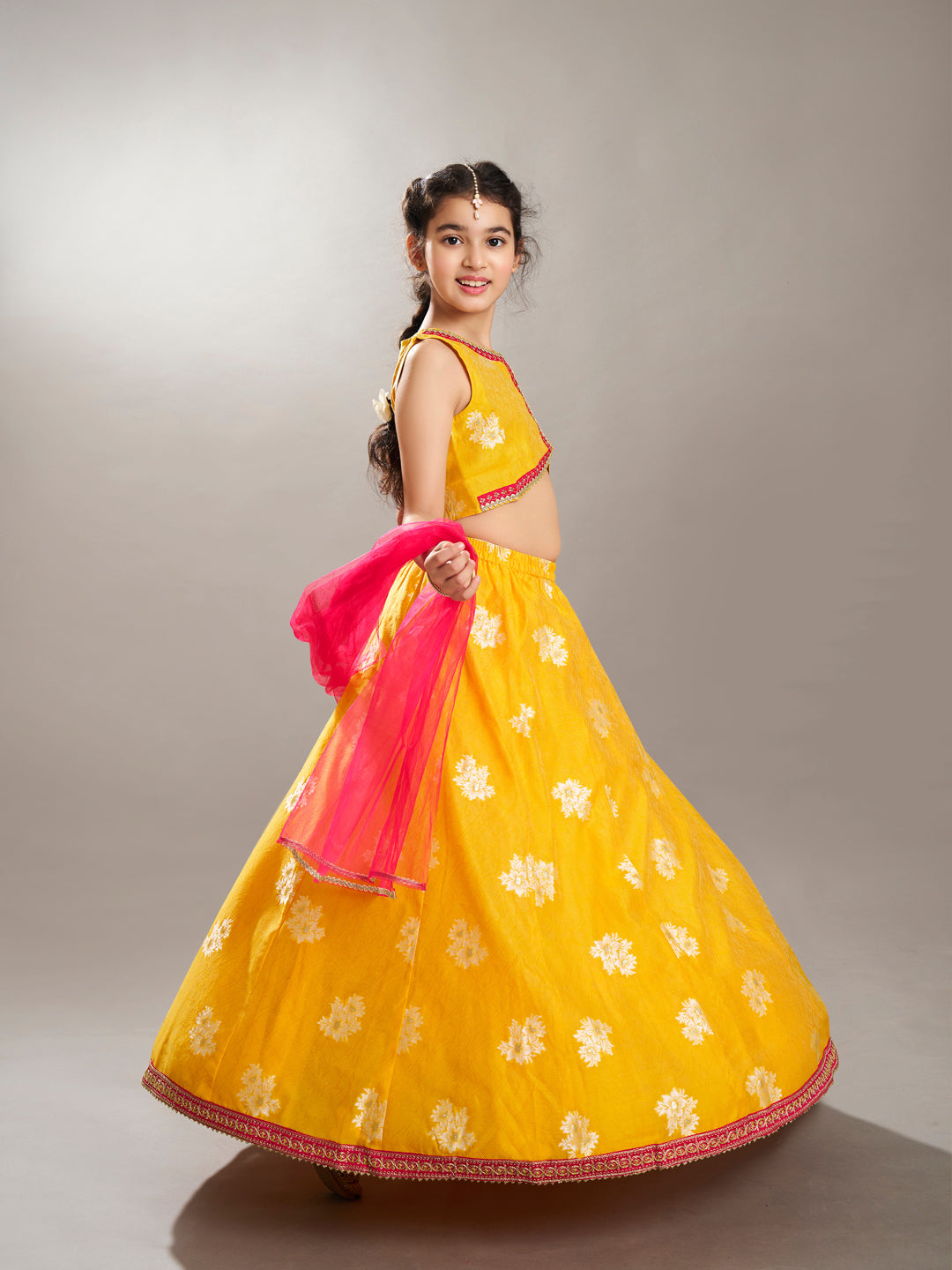 girls yellow jacquard booti ready to wear lehenga choli with dupatta