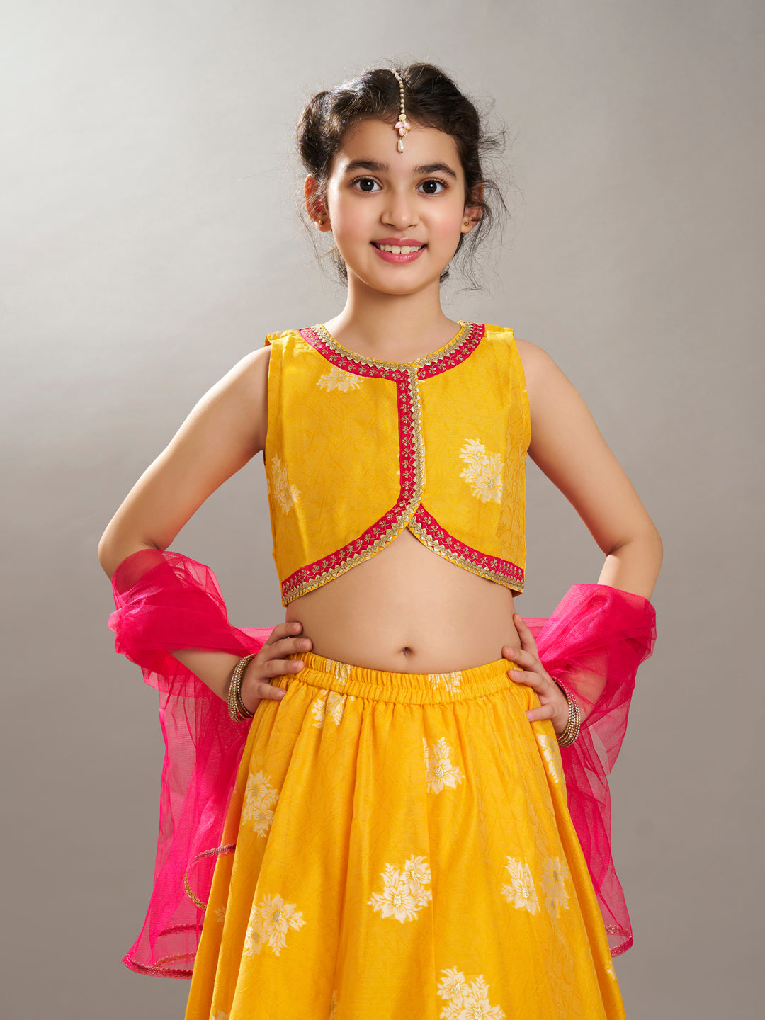girls yellow jacquard booti ready to wear lehenga choli with dupatta