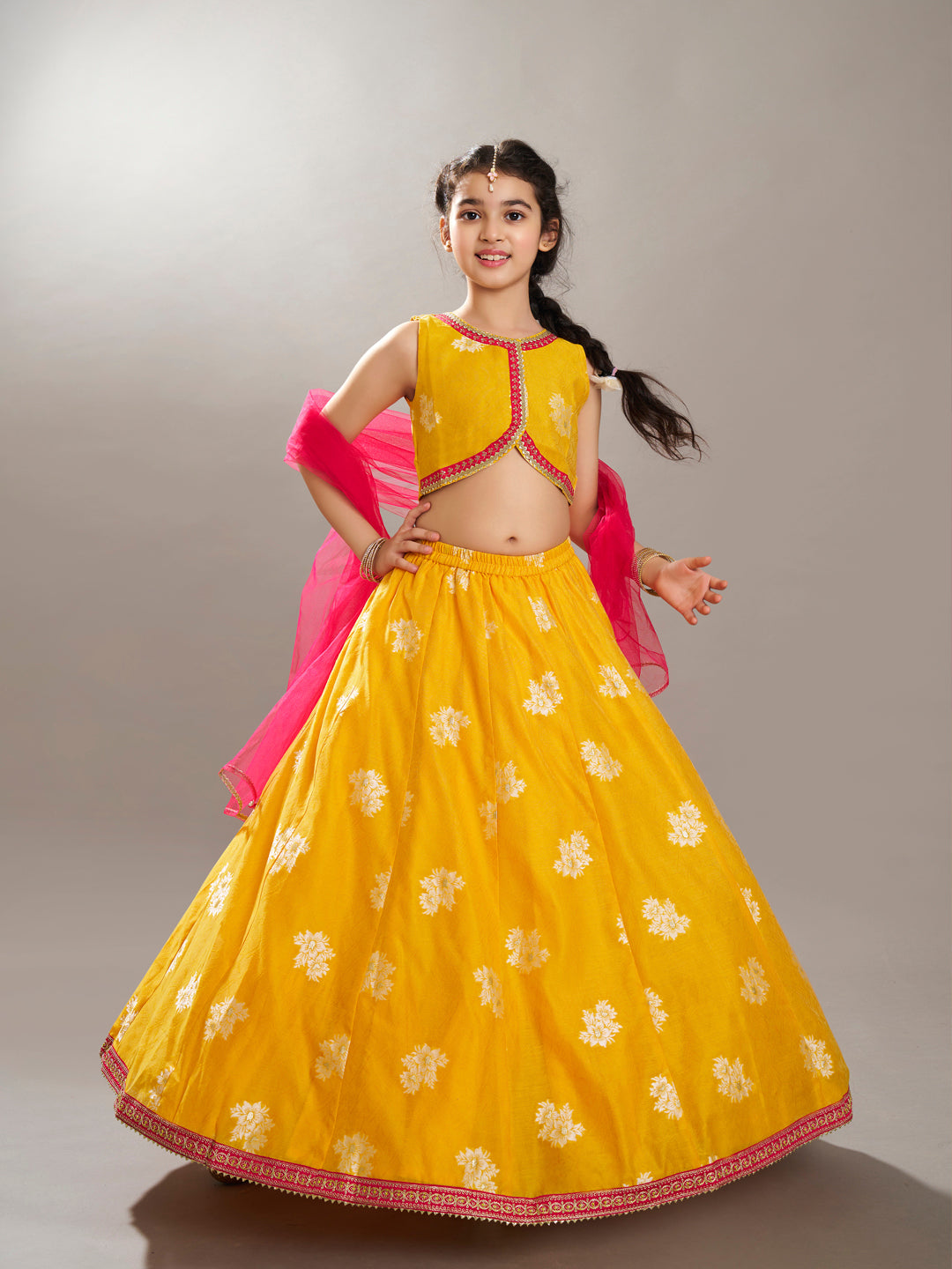 girls yellow jacquard booti ready to wear lehenga choli with dupatta