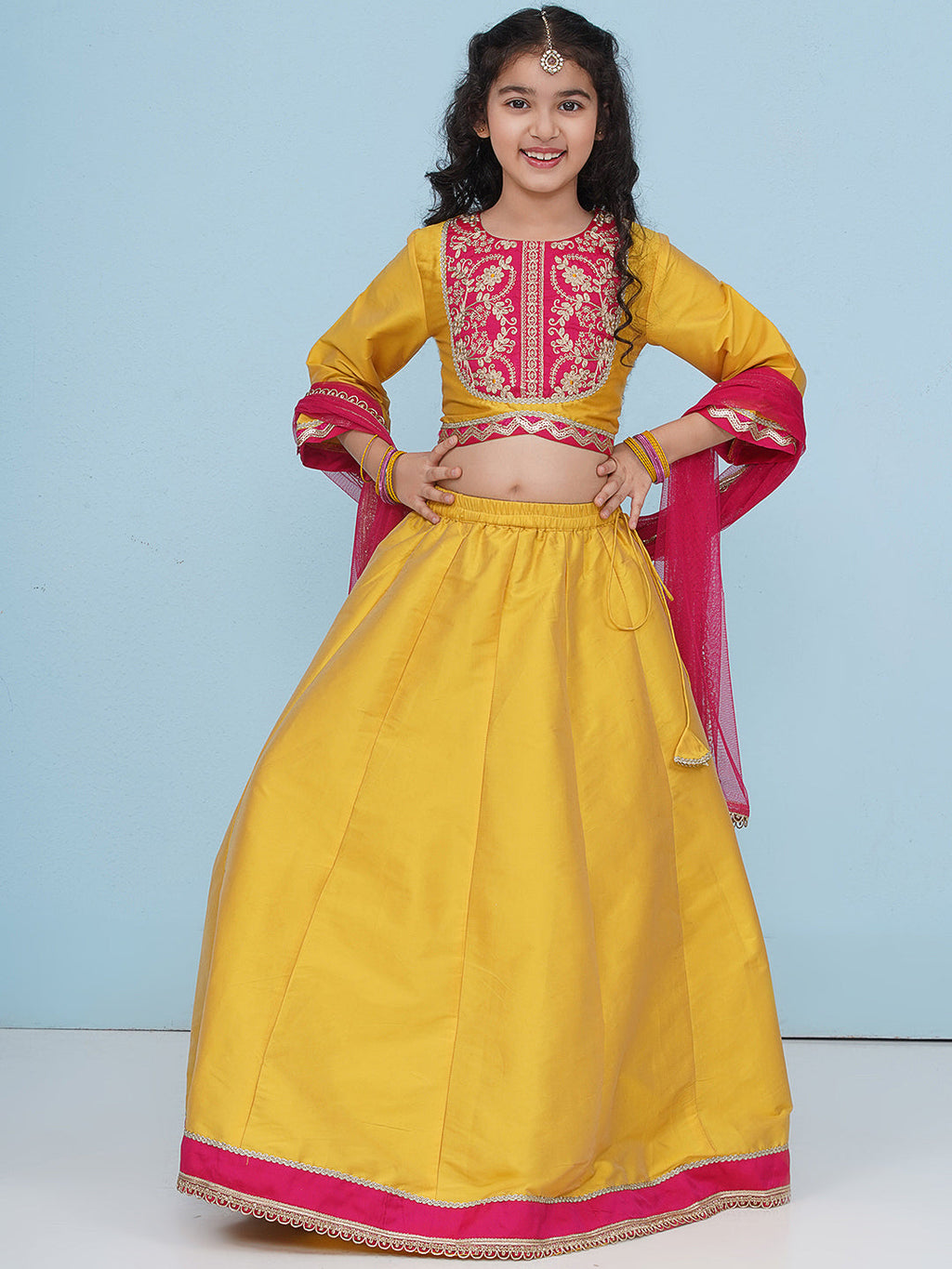 girls yellow pink embroidered choli yellow ready to wear lehenga with dupatta