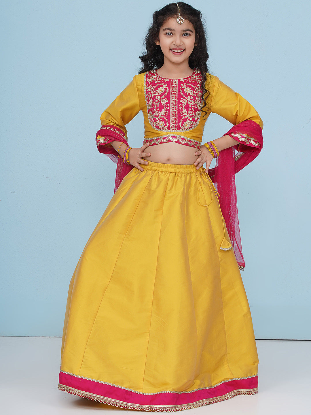 girls yellow pink embroidered choli yellow ready to wear lehenga with dupatta