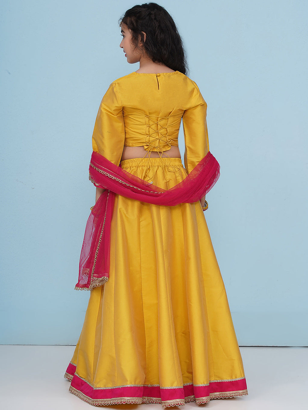 girls yellow pink embroidered choli yellow ready to wear lehenga with dupatta