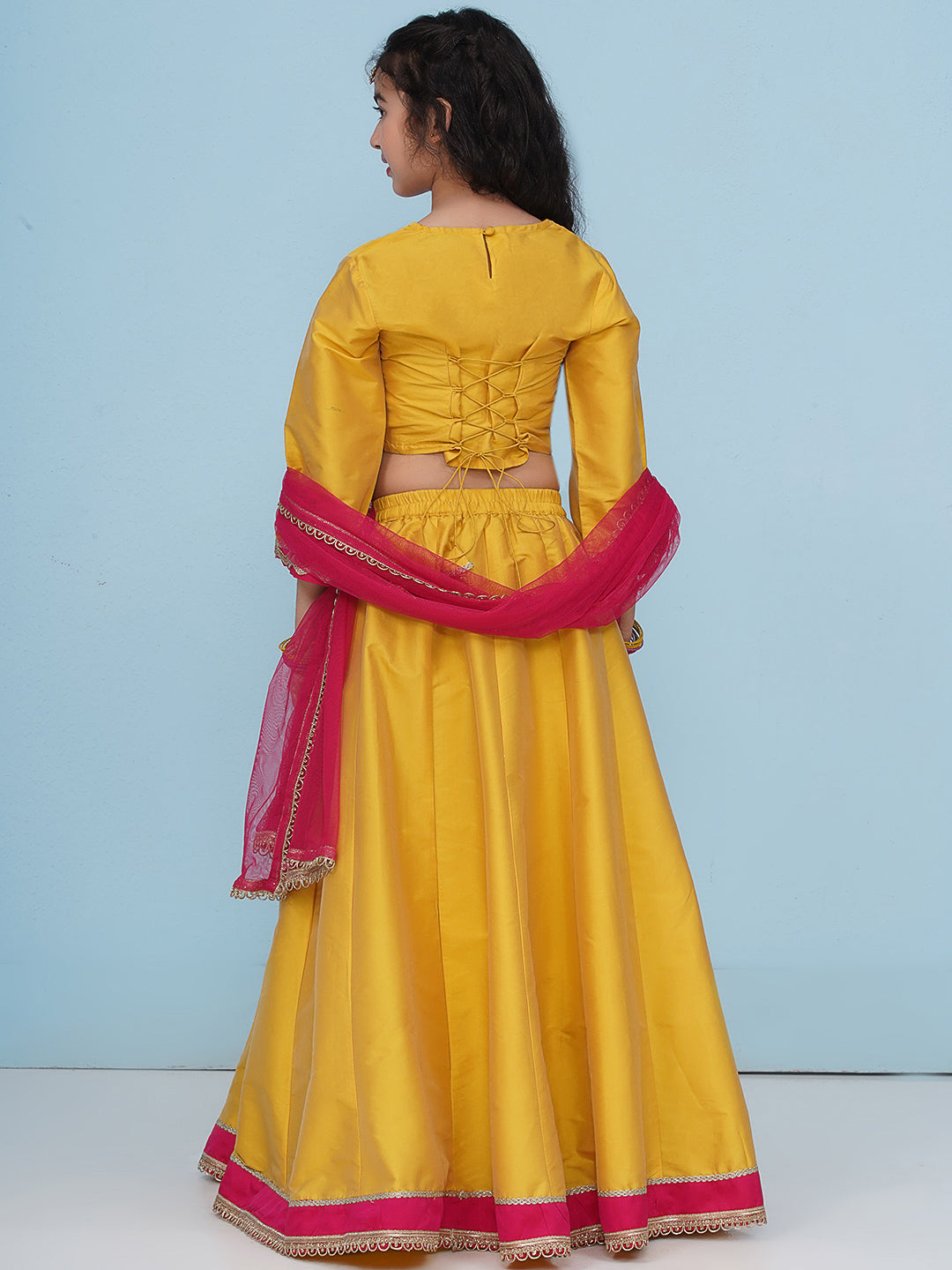 girls yellow pink embroidered choli yellow ready to wear lehenga with dupatta