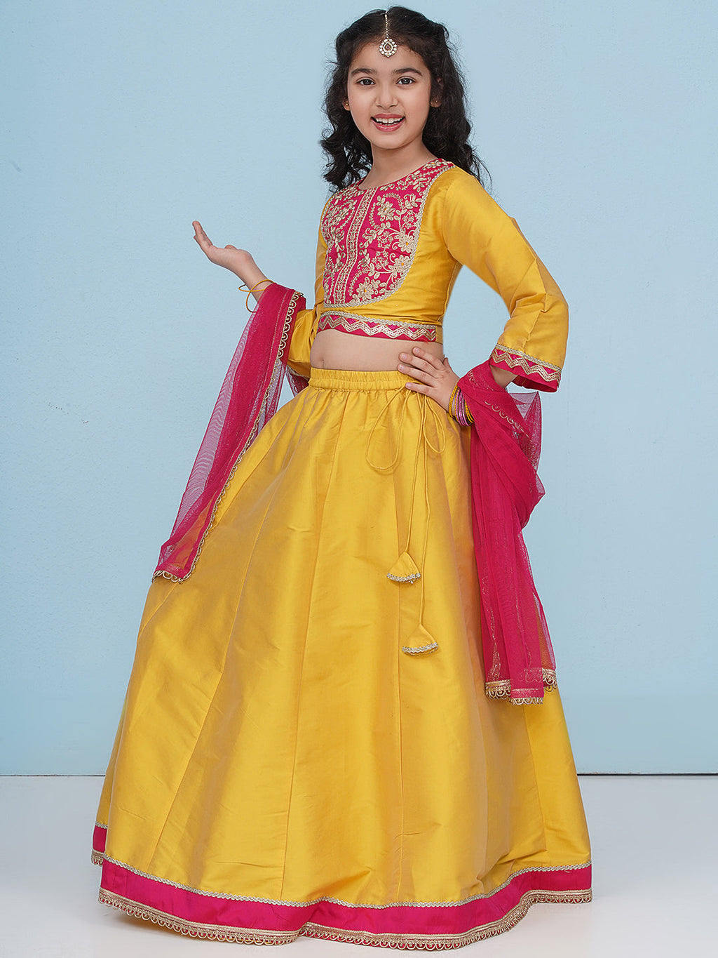 girls yellow pink embroidered choli yellow ready to wear lehenga with dupatta