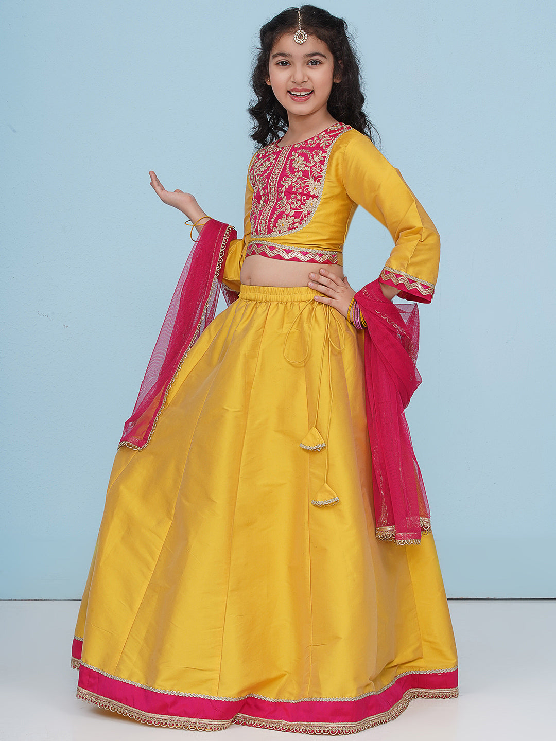 girls yellow pink embroidered choli yellow ready to wear lehenga with dupatta