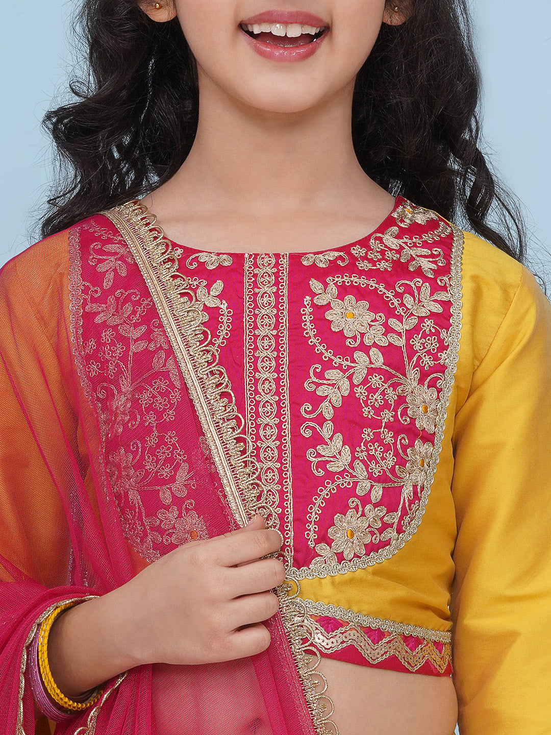 girls yellow pink embroidered choli yellow ready to wear lehenga with dupatta