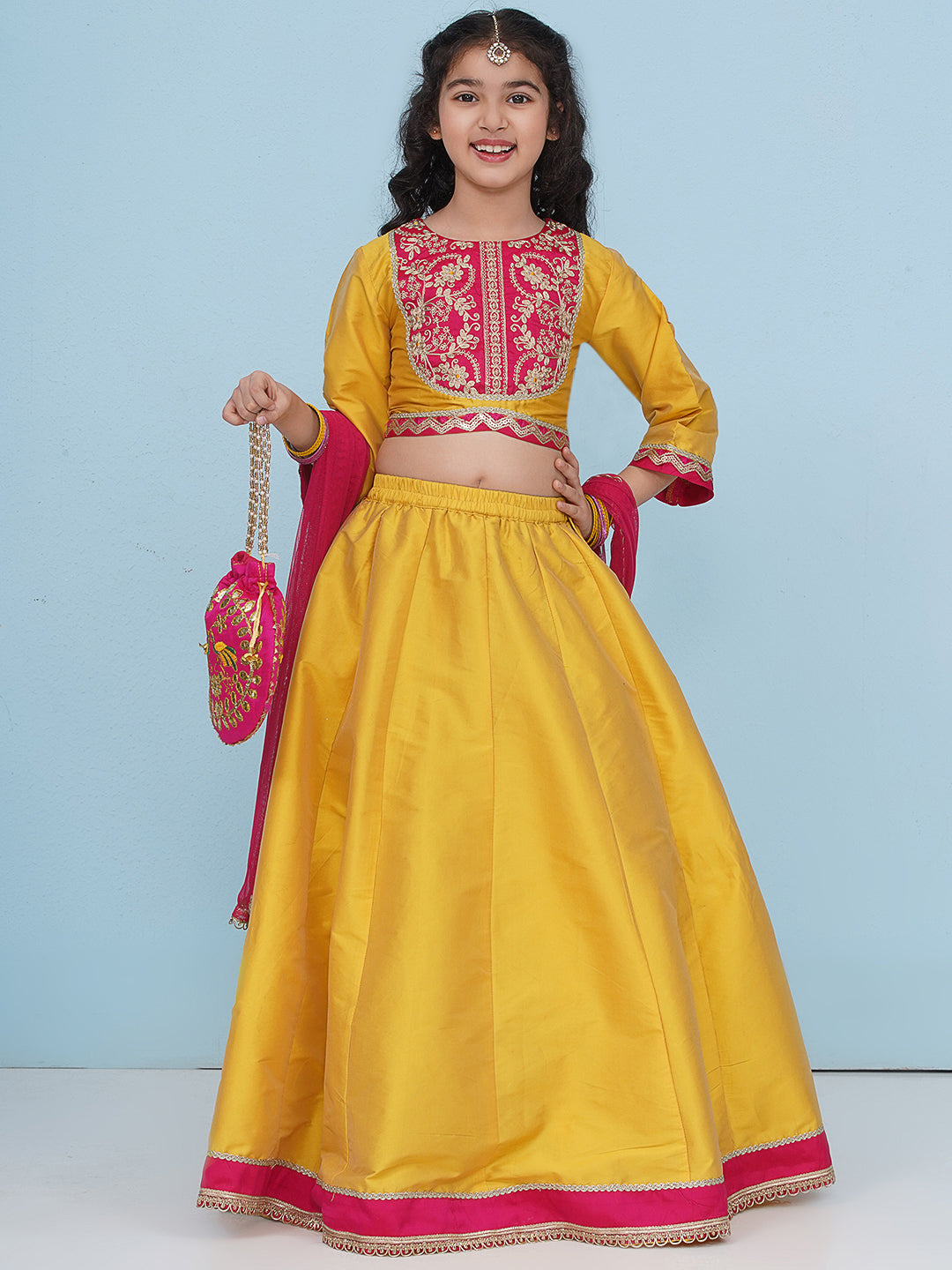 girls yellow pink embroidered choli yellow ready to wear lehenga with dupatta