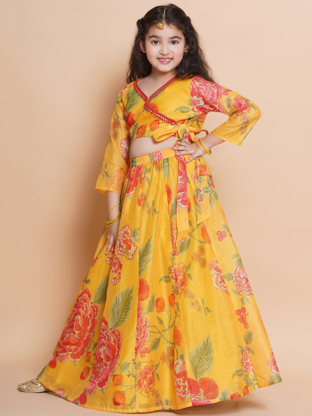 girls yellow printededed ready to wear choli lehenga