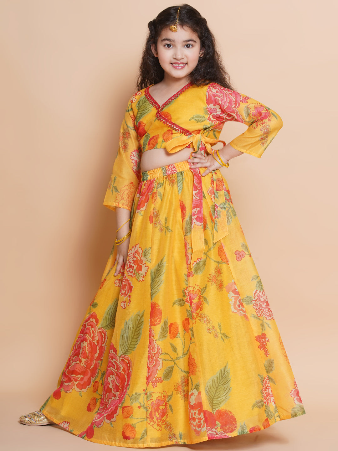 girls yellow printededed ready to wear choli lehenga