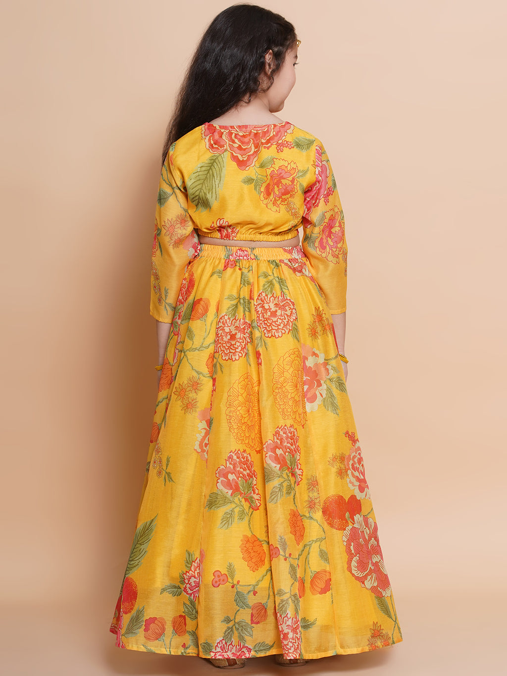 girls yellow printededed ready to wear choli lehenga