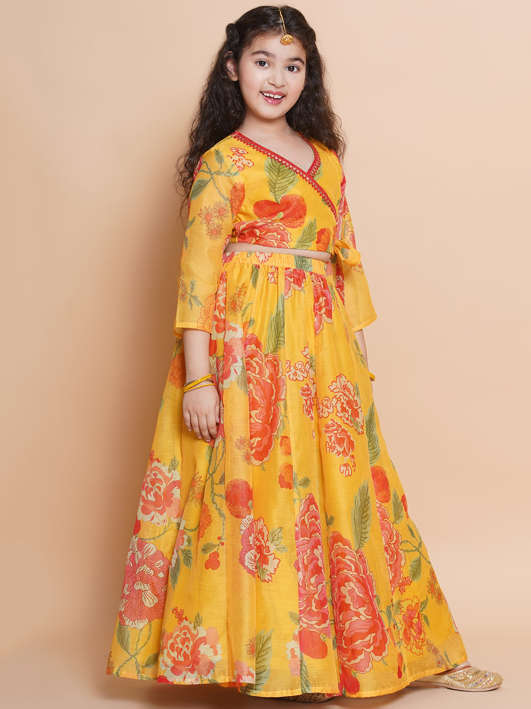 girls yellow printededed ready to wear choli lehenga
