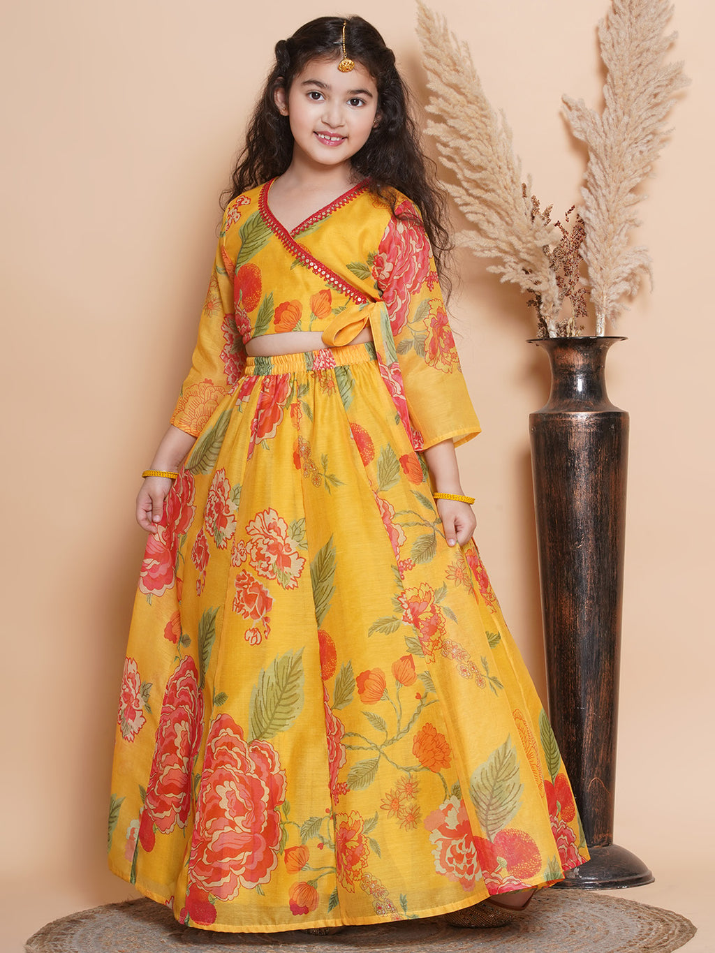 girls yellow printededed ready to wear choli lehenga