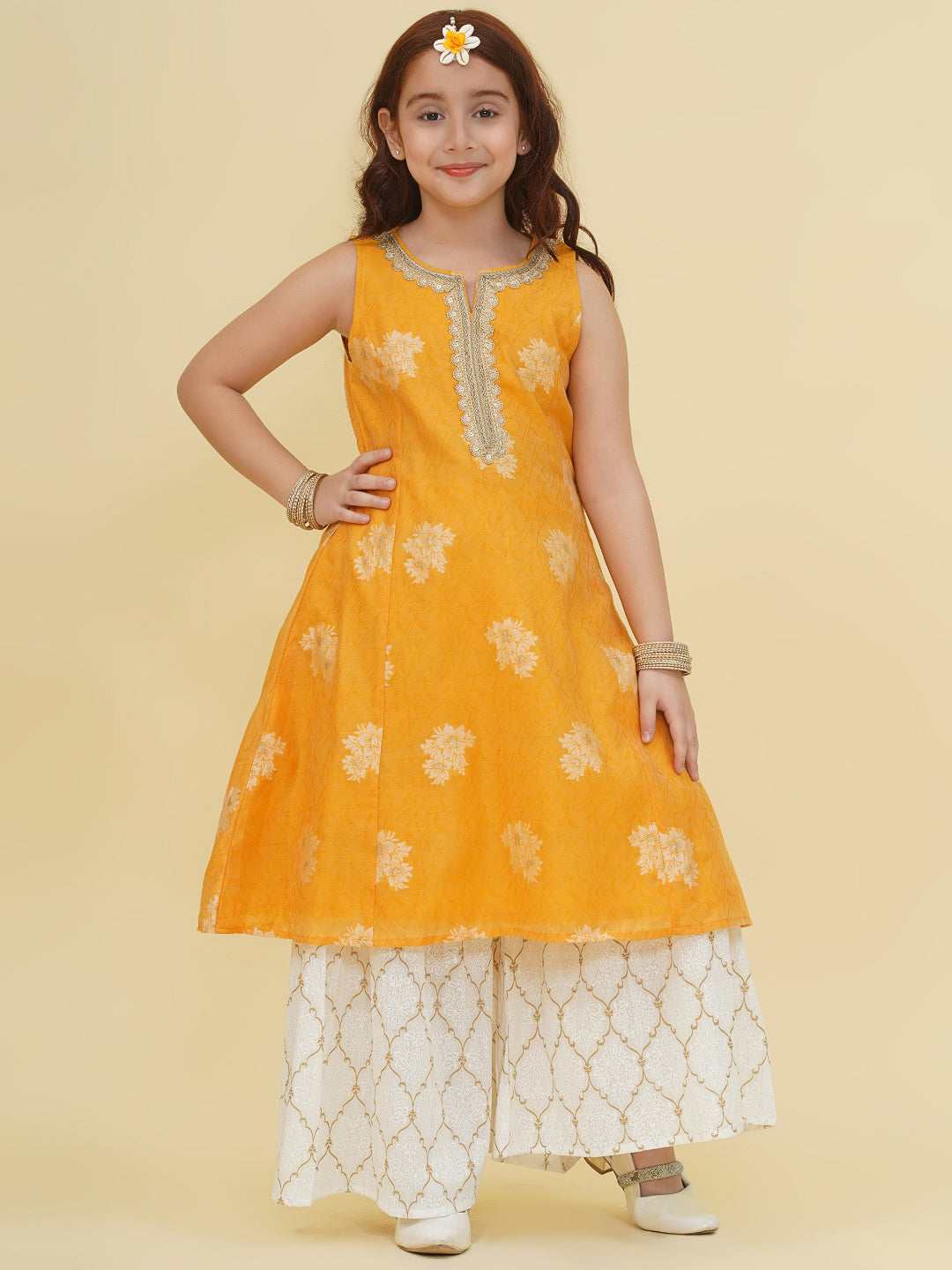 girls yellow self design kurta with sharara