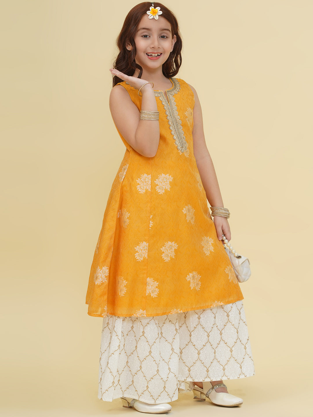 girls yellow self design kurta with sharara