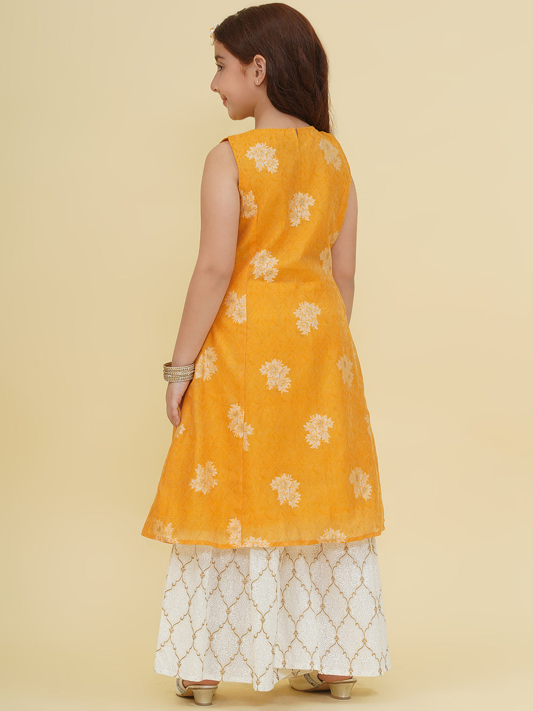 girls yellow self design kurta with sharara