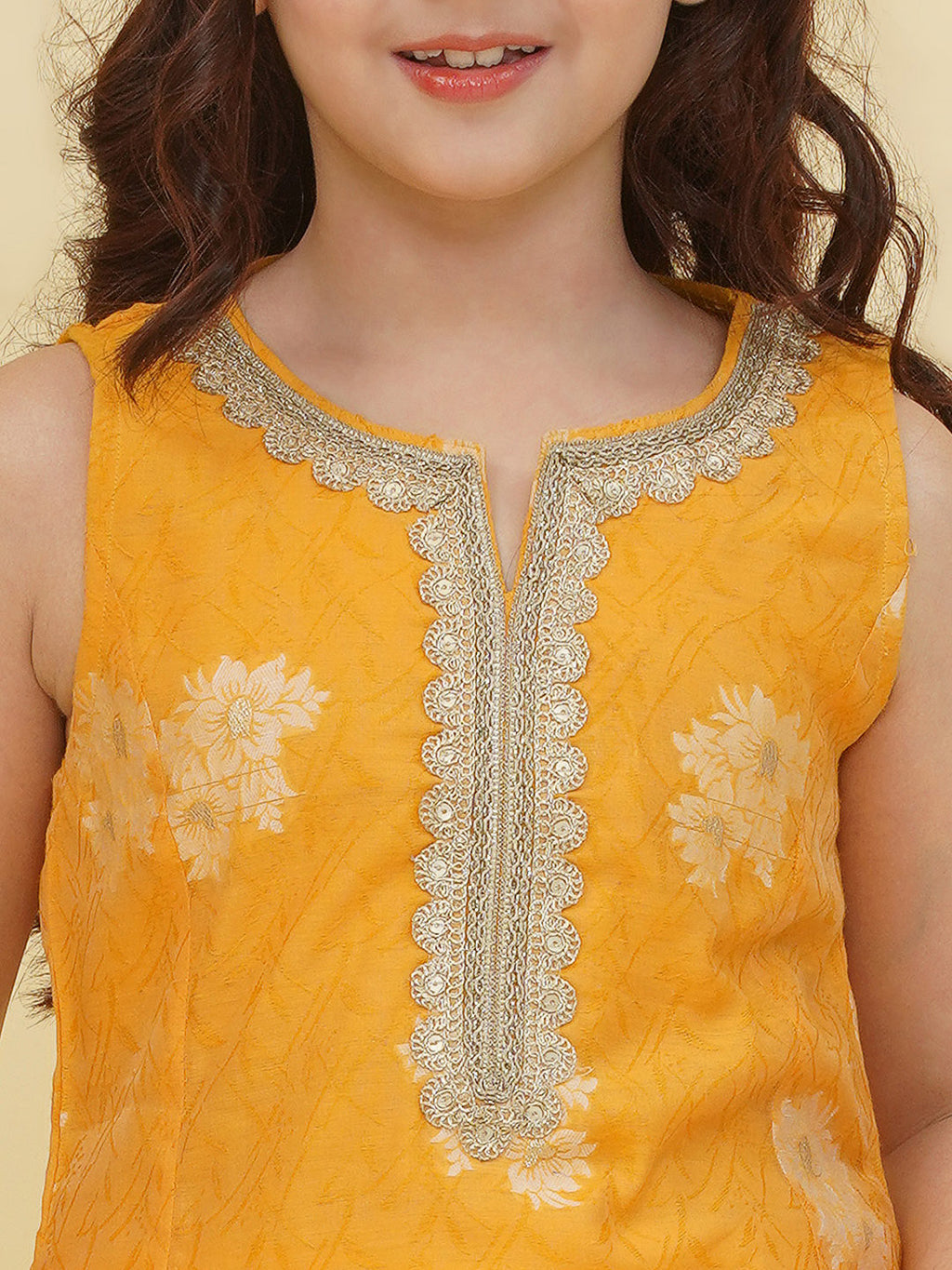 girls yellow self design kurta with sharara