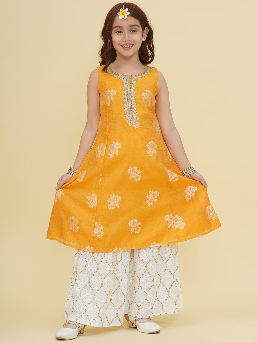girls yellow self design kurta with sharara
